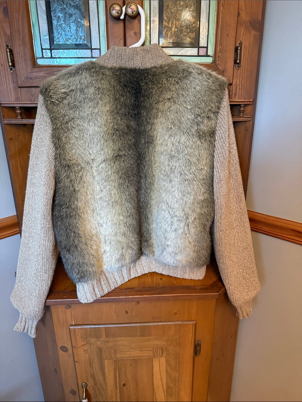 :Vintage Alpine Studio Faux Fur Knit Bomber Jacket Beige brown  L